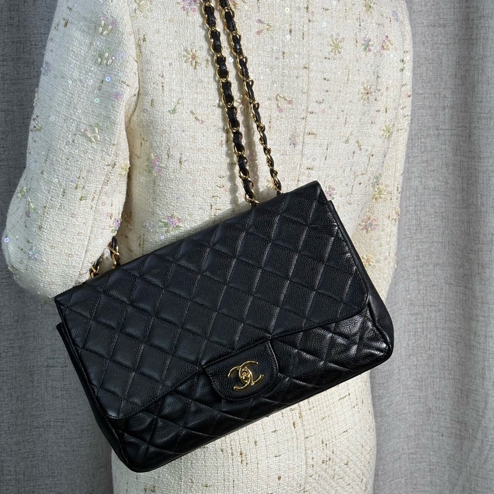 SOLD - CHANEL Black Caviar Classic Single Flap Jumbo GHW - Picture 14 of 16